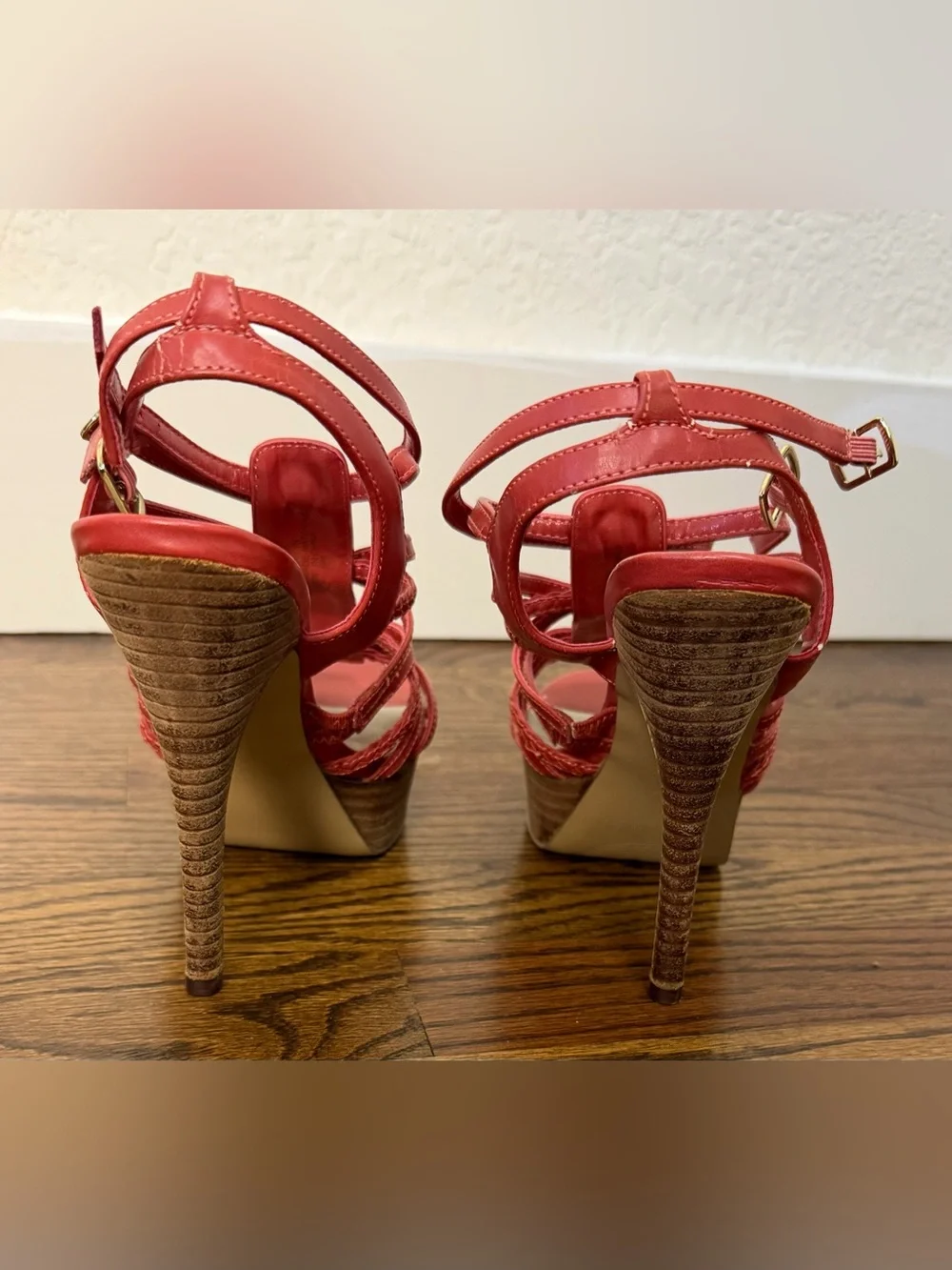 GUESS Coral Red Strappy Platform Heels